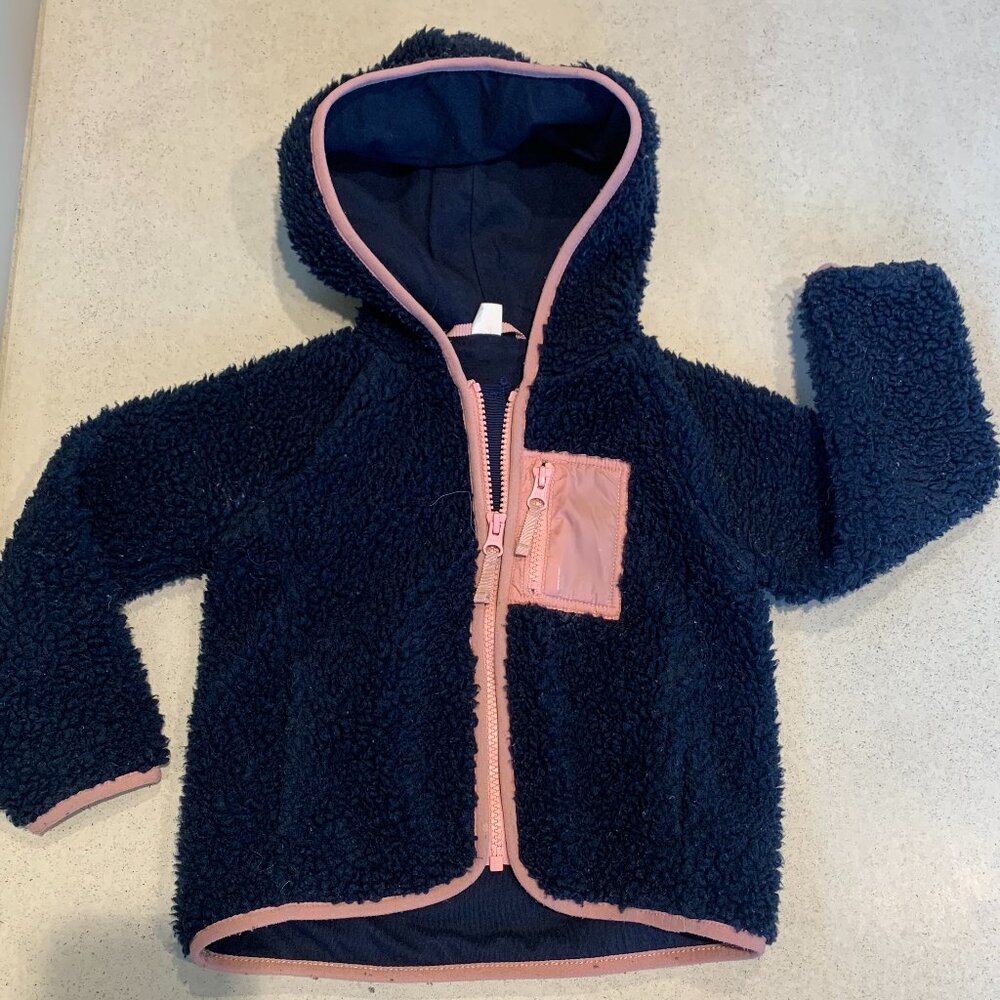 Crewcuts Hooded Fleece Jacket – Navy with Pink Trim (Size XXS / 2–3 Years)